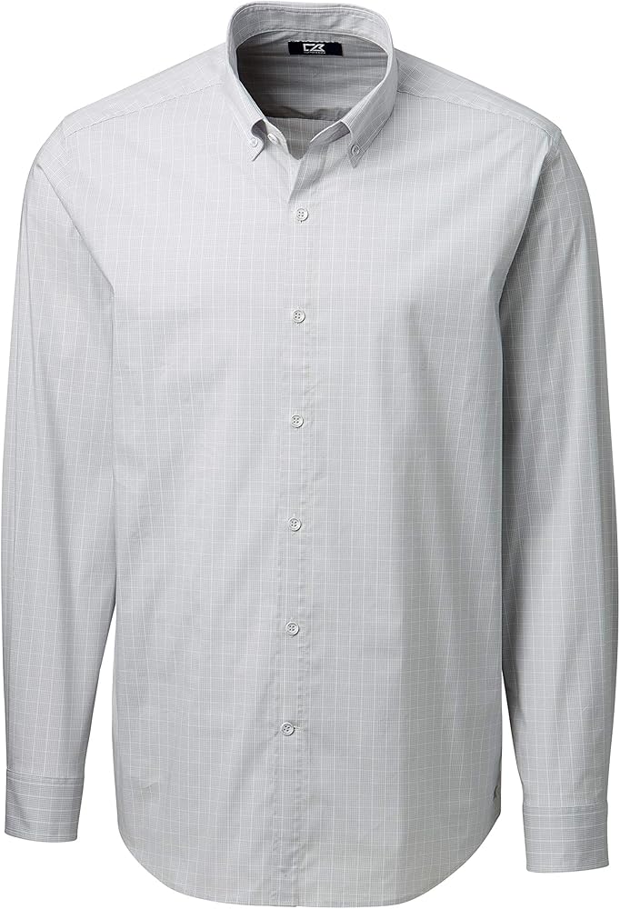 Cutter & Buck Men's Long Sleeve Soar Windowpane Check Button Down Shirt, Iced, S