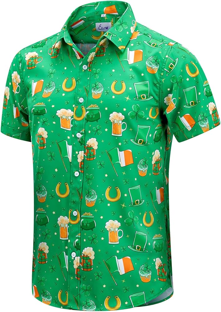 EUOW St. Patrick's Day Hawaiian Shirt for Men Irish Printed Casual Short Sleeve Button Down Beach Shirts