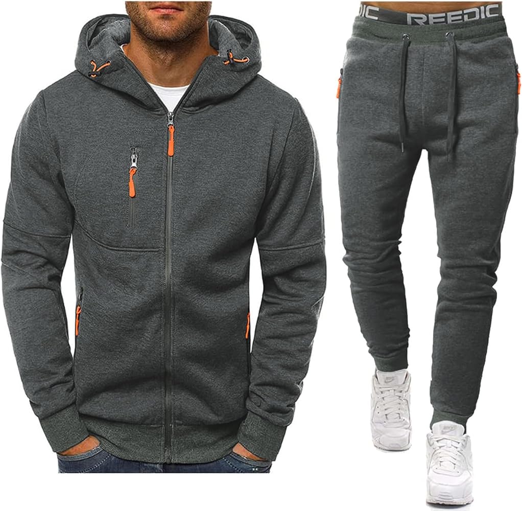 Men's Hiphop Long Sleeve Full-Zip Sweat Suits Casual Tracksuit Set Acticve Sports Suit for Men