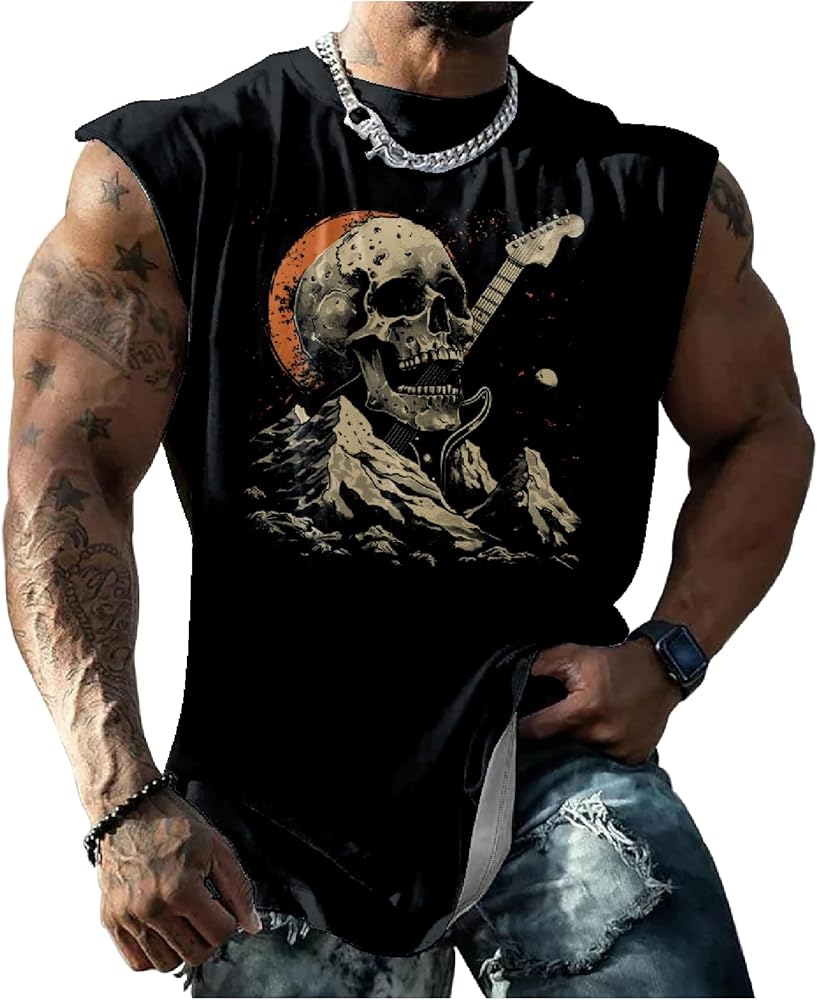 Casual Stylish Rock Art Print Tank Tops for Men Summer Breathable Loose Sleeveless Crewneck Streetwear T Shirts