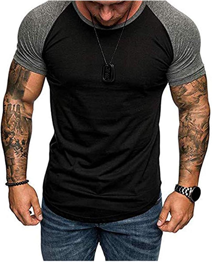 Mens Casual Short Sleeve T-Shirts Bodybuilding Muscle Fitness Gym Workout T Shirt (XX-Large, 04 Black&Gray)