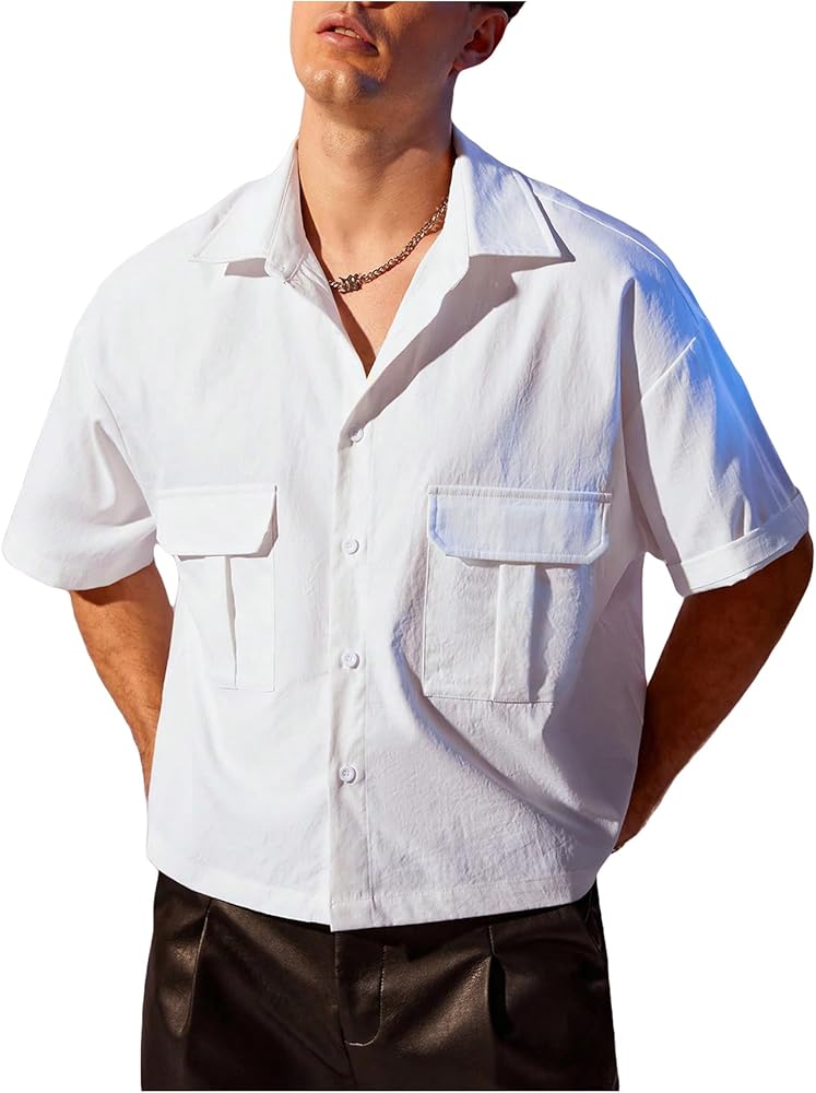 Verdusa Men's Flap Pocket Drop Shoulder Short Sleeve Top Button Down Shirt