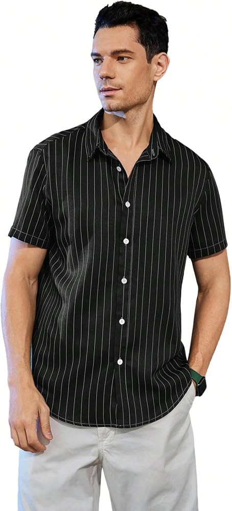 SOLY HUX Men's Short Sleeve Button Down Shirts Casual Dress Going Out Camp Tops Black Striped Black XX-Large