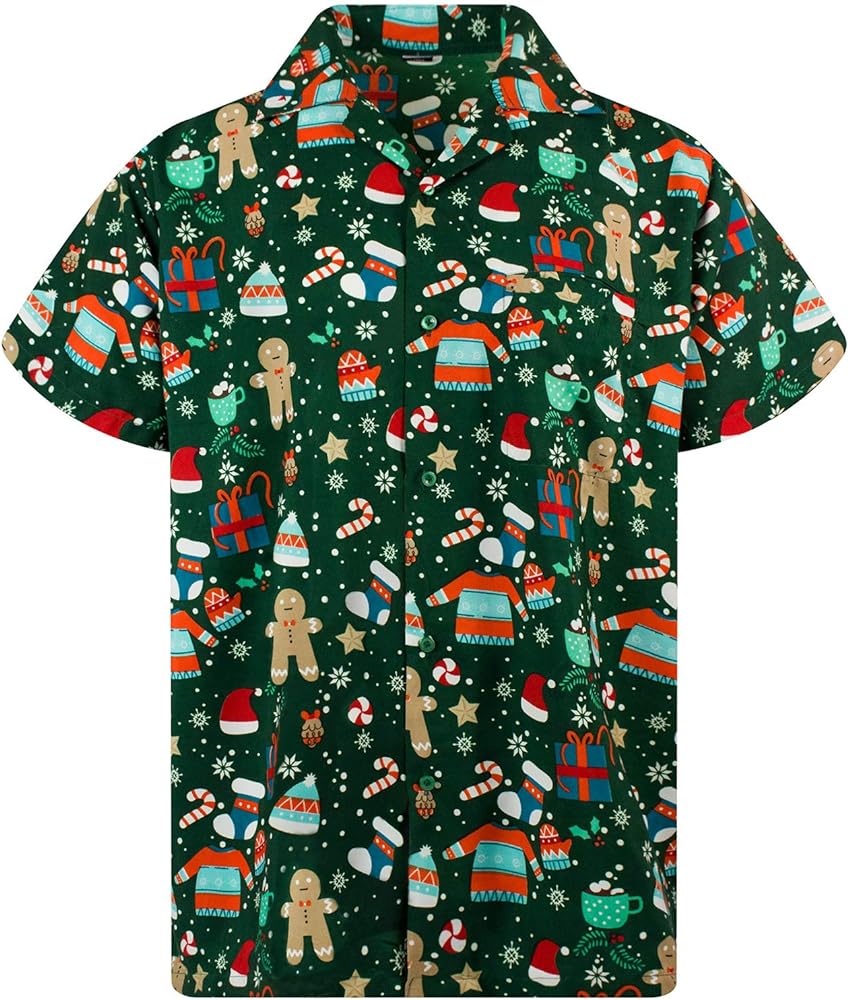 KING KAMEHA Men's Ugly-Christmas-Shirts Funky Short-Sleeve Button-Up Ginger-Bread Print Casual