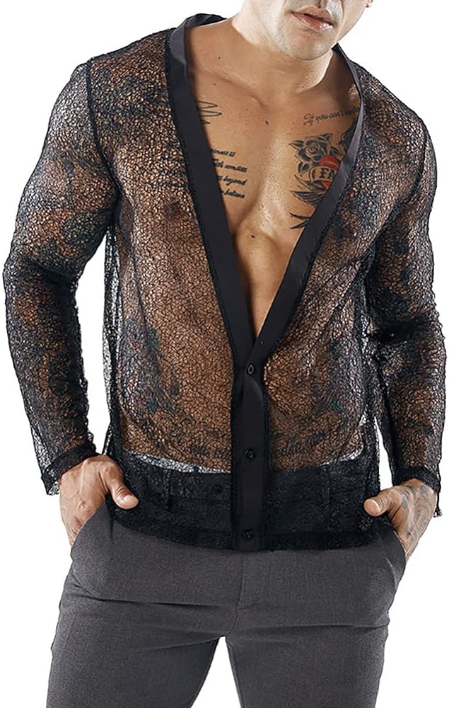 Men's Sheer Mesh Shirt V-Neck Button up Long Sleeve Muscle Tee Tops Nightclub Rave Festival See Thru Hawaii Shirts