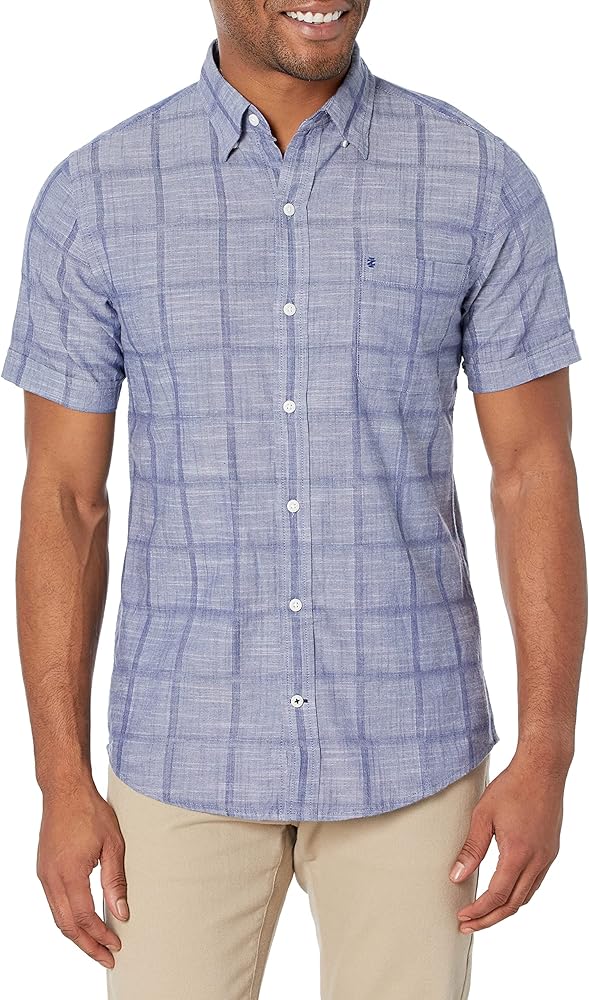 IZOD Men's Big and Tall Saltwater Short Sleeve Windowpane Button Down Shirt