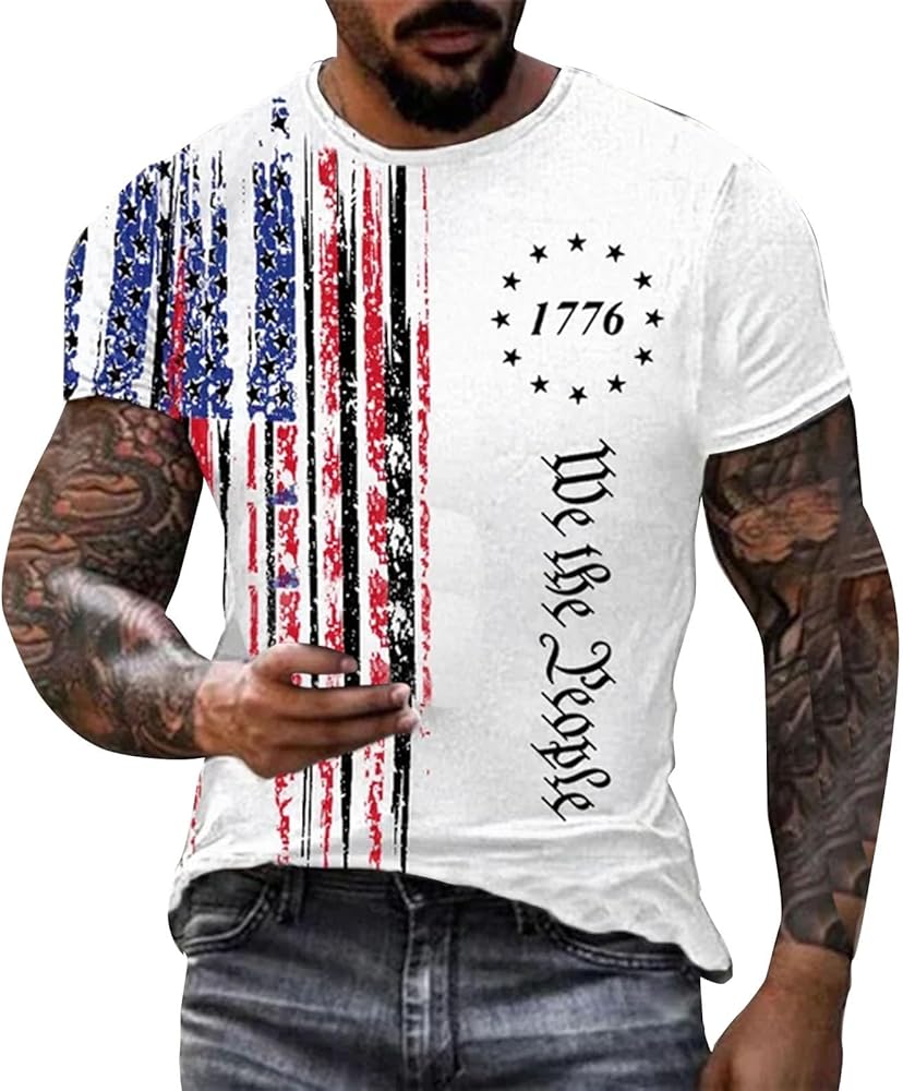 We The People Shirts for Men Short Sleeve Round Neck Independence Day T-Shirt 1776 Distressed American Flag Printed Top