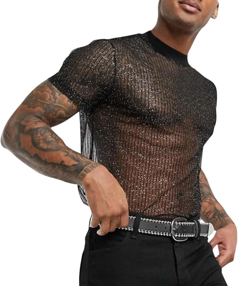 Men's Sexy Fishnet See Through Shirts Mesh Transparent Short Sleeve Mock Neck Workout Muscle T Shirt Club Party Tee Shirt