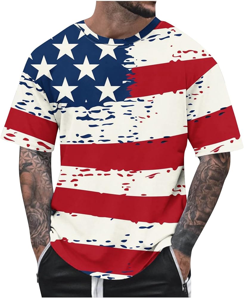 USA Flag T Shirt for Men Patriotic American Flag July 4th T-Shirt Stars and Stripes Graphic Tees Casual Loose Shirts