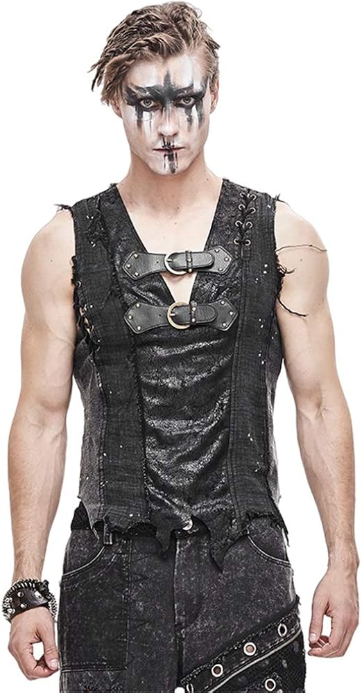 Punk Rave Rock Mens Dress Vest Leather Belt Cotton Casual Tank Tops Cross Strap Black Vest