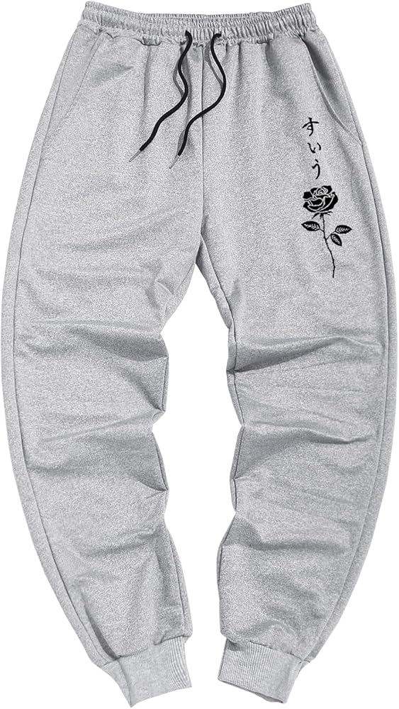 ZAFUL Men's Casual Rose Graphic Printed Sweatpants Stretch Solid Joggers with Porcket and Drawstring