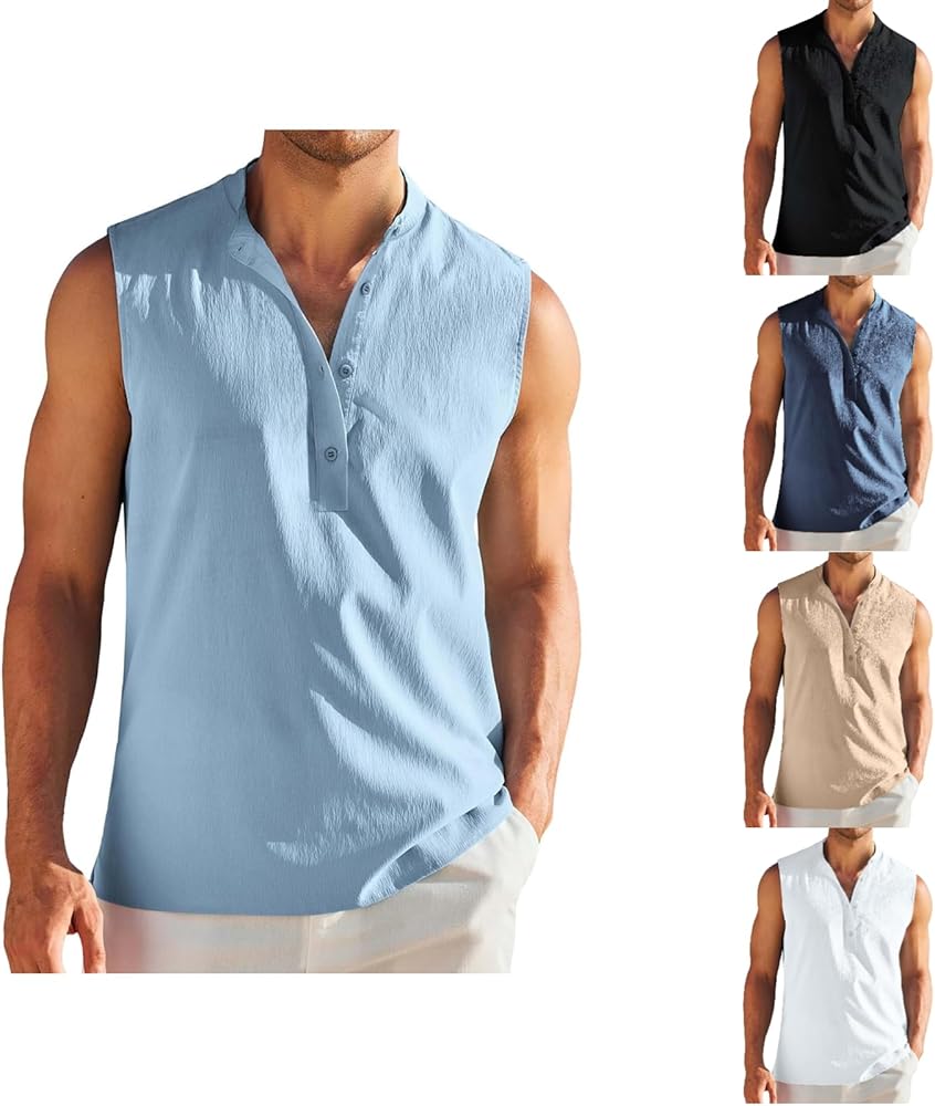 Heneley Linen Tank Tops Men Solid V Neck Button up Shirts Breathable Sleeveless Tshirts Summer Casual Vacation Tees