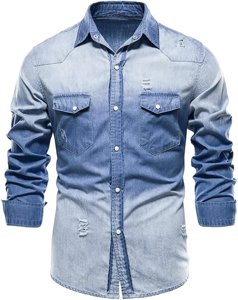 LONGBIDA Mens Denim Shirt Button Down Long Sleeve Casual Slim Fit Shirts