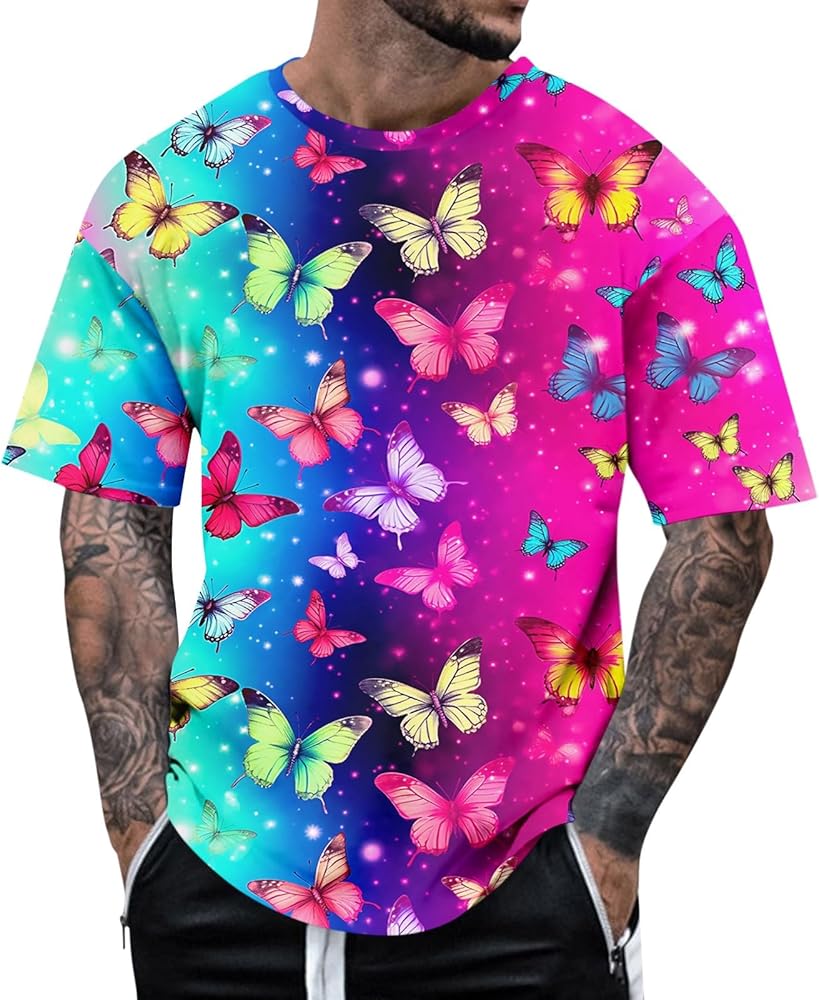 Mens T Shirts Casual Plus Size Short Sleeve Crewneck Fit Basic Tshirt Summer Beatiful Butterfly Print Cozy Tee Shirts