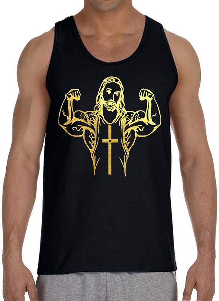 Gold Foil Buff Jesus Muscle Flex Men's Black Tank Top Black