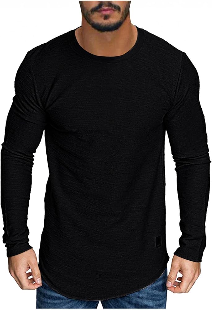 Mens Long Sleeve T-Shirt Hipster Curve Hem Hip Hop Slim-Fit Crew Neck Casual Tops Fall Pullover Solid Tee Shirts Blouse