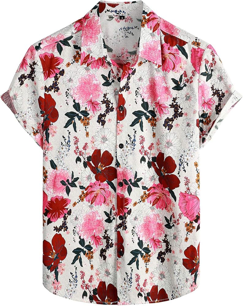 VATPAVE Mens 100% Cotton Hawaiian Shirts Flower Short Sleeve Button Down Regular Fit Beach Shirts Summer Casual Aloha Shirts Small Pink Tropical