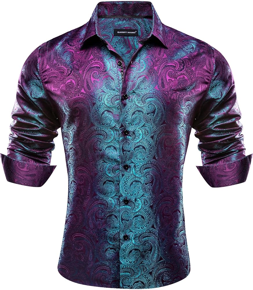 YOHOWA Men's Silk Shirt Paisley Flower Relaxed Fit Long Sleeve Woven Button Down Dress Shirts Formal Party Wedding