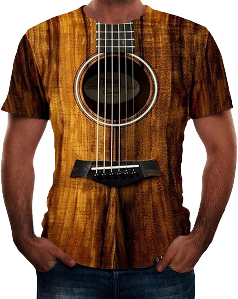 Men's 3D Printed Guitar Creative Graphic T-Shirt Casual Funny Short Sleeves Crewneck Tops Musical Instrument Tee Blouse (02 Brown, M)