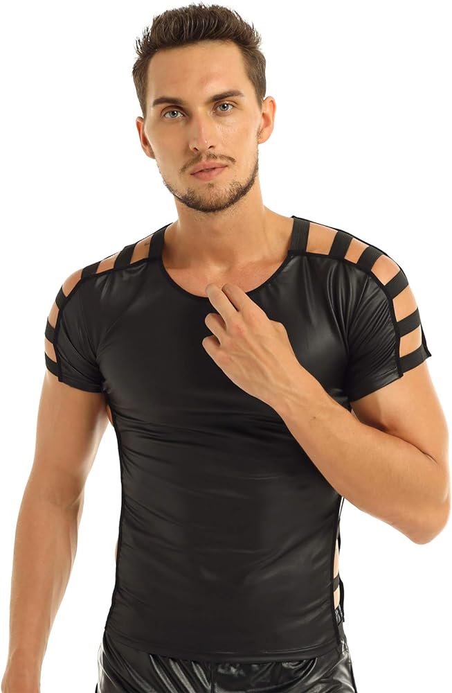 Men's Faux Leather T-shirts Short Sleeve PU Muscle Tank Top Shirts Blouser Clubwear