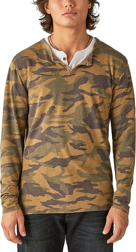 Lucky Brand Men's Venice Burnout Camo Notch Neck Long Sleeve Tee