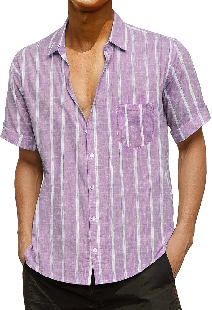 JOGAL Mens Casual Linen Cotton Shirts Short Sleeve Button Down Striped Summer Beach Shirts