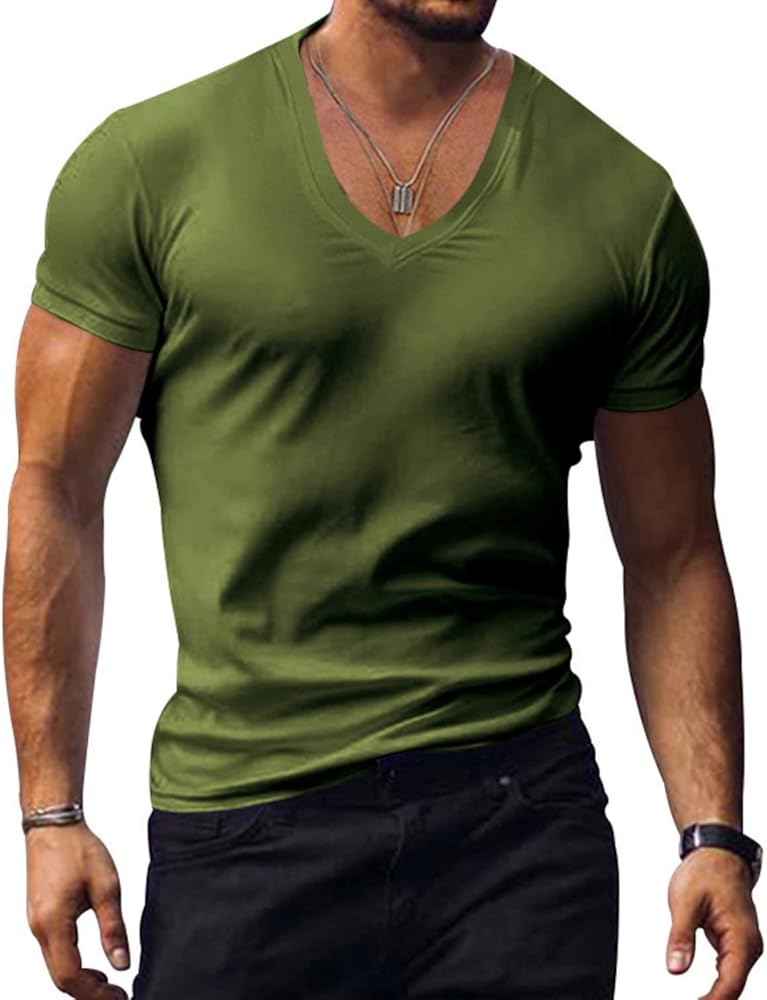 Men's Muscle T Shirts V Neck Slim Fit Short Sleeve Casual Basic Solid Tops Modern Fashion Sexy Tees