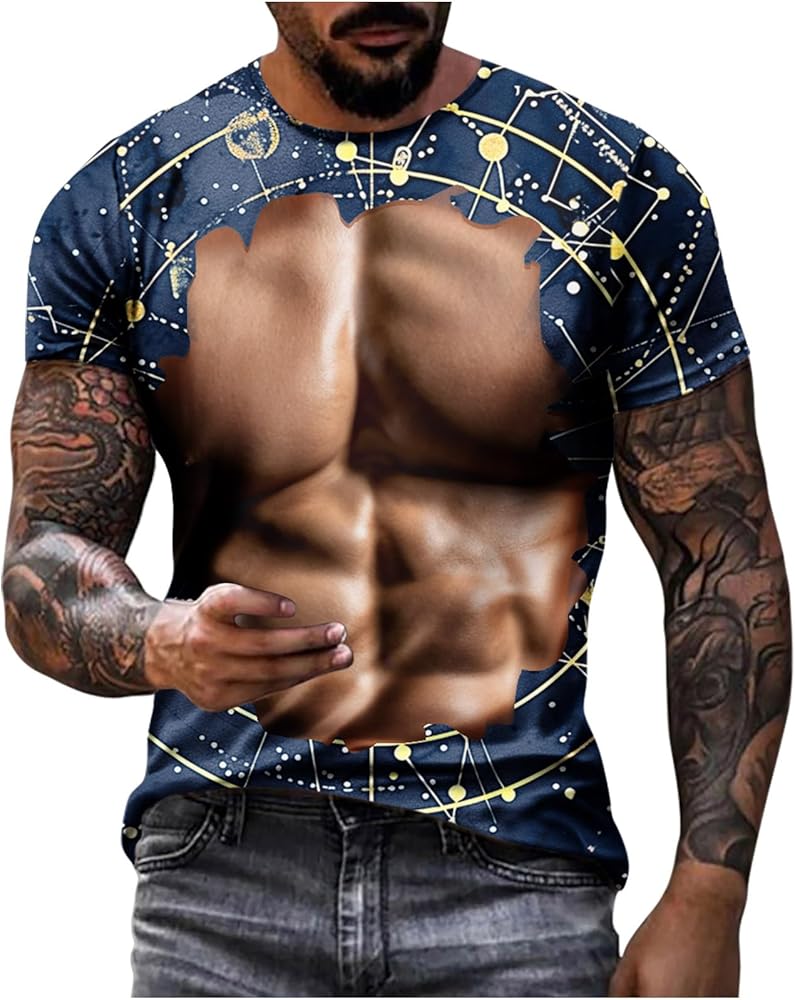 Men's Funny 3D Muscle Printed T-Shirts Fake Abs Graphic Tees Shirts Summer Short Sleeve Tshirts Novelty Tops