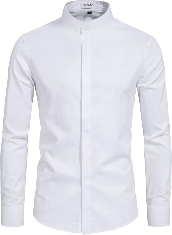 Men’s Banded Collar(Mandarin Collar) Long Sleeve Casual Solid Fancy Dress Shirts