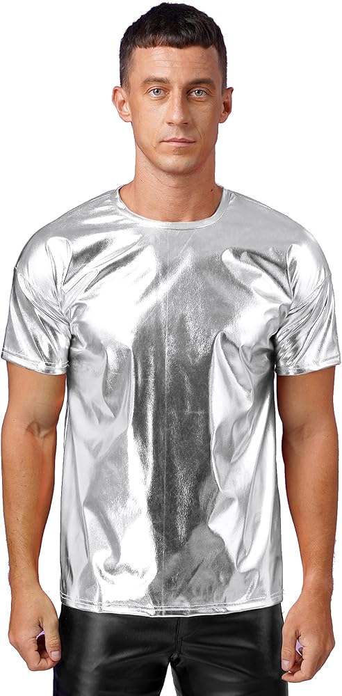 Men's Shiny Shirts Dance Tops Tank Vest Shirts Short Sleeve Tops for Club Performance