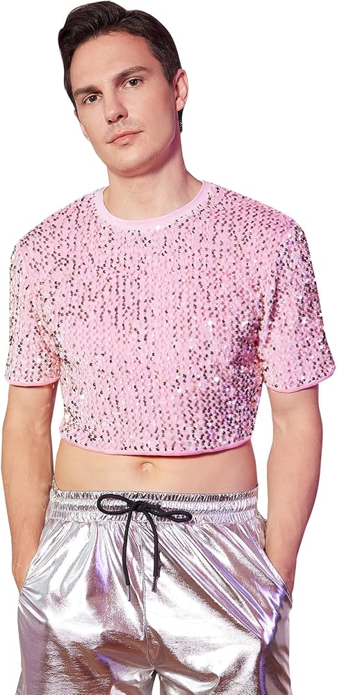 WDIRARA Men's Sequin Short Sleeve Round Neck Slim Fit T Shirt Party Club Crop Tee Top