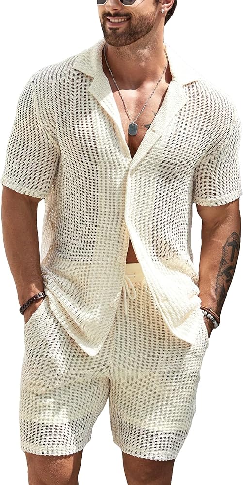 GORGLITTER Men's 2 Piece Outfit Hollow Out Short Sleeve Button Down Shirt Shorts Beach Set