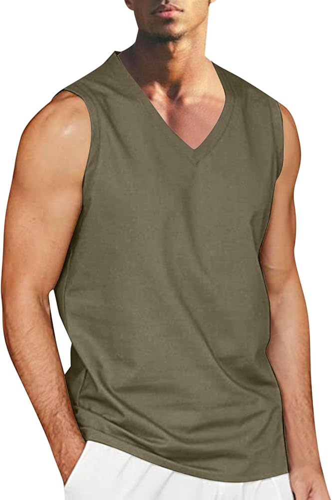 Mens Summer Beach Tank Tops Cotton Linen Sleeveless T Shirt Simple Classic Solid Tanks V Neck Solid Color Shirt Tees