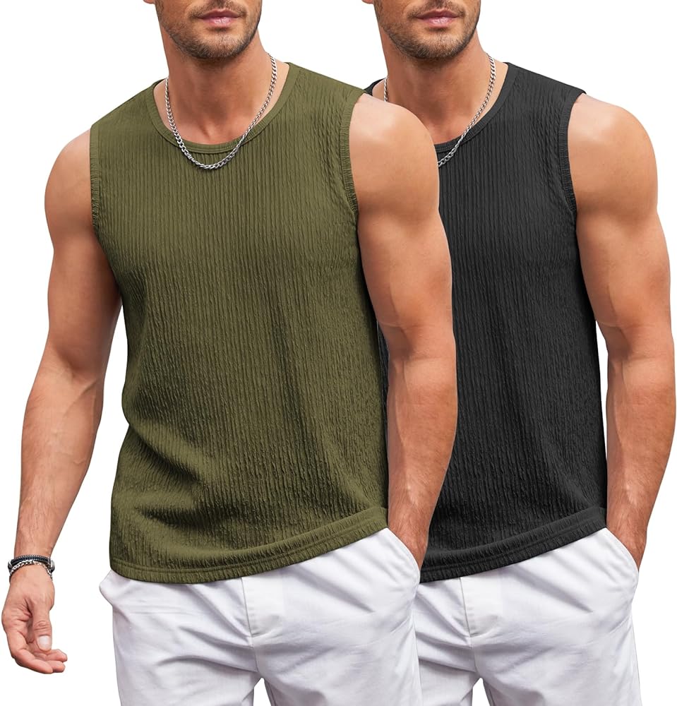 COOFANDY Casual Tank Top for Men Knit Sleeveless Tank Textured 2 Pack Summer Tank Shirts Black/Army Green