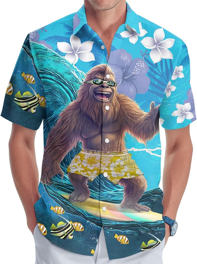 Cool Bigfoot Men's Hawaiian Shirt, Funny Sasquatch Unisex Short Sleeve Button Shirt