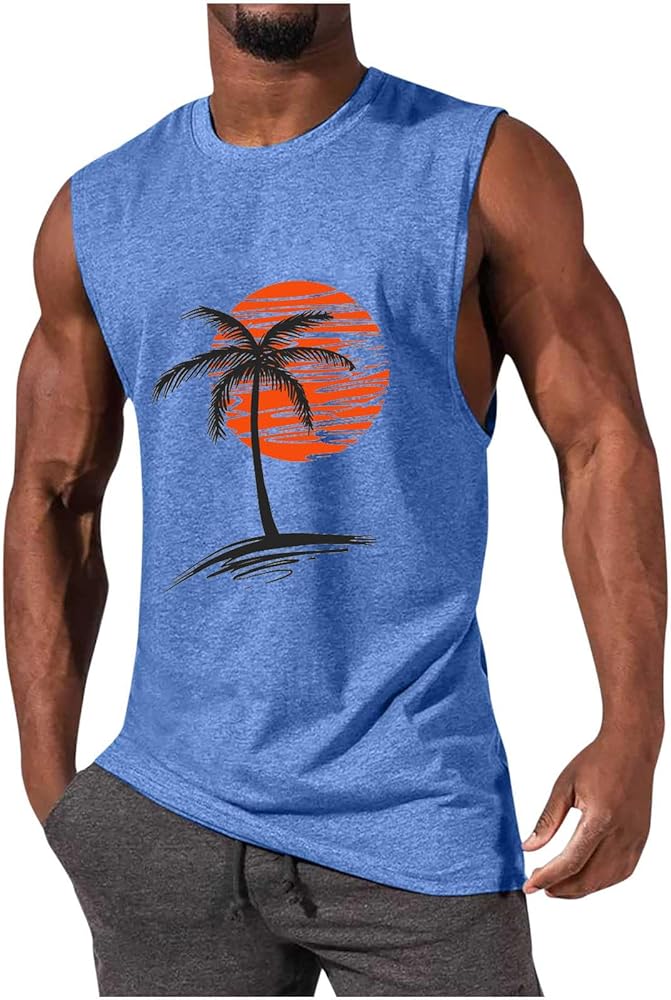 Mens Beach Tank Tops Summer Sleeveless Tropical Shirts Palm Tree Graphic Hawaiian Cotton T-Shirt 2024 Fashion Clothes