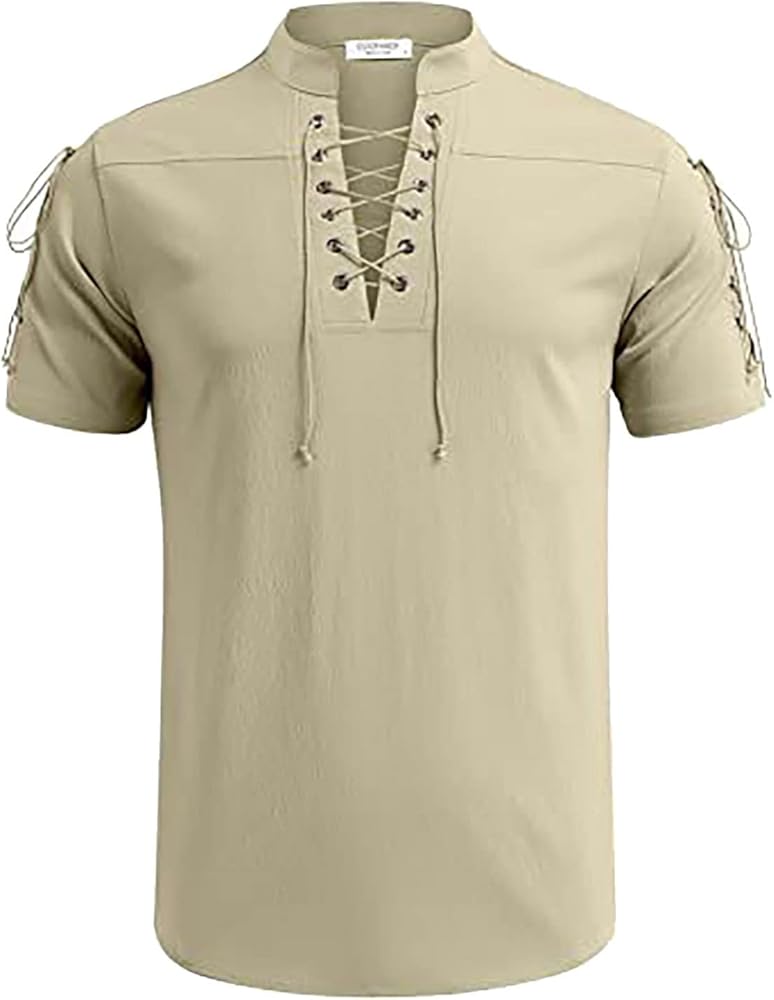 Men's V Neck Vintage Lace Up Tie Short Sleeve Gothic T Shirt Large Tall Mens Shirts