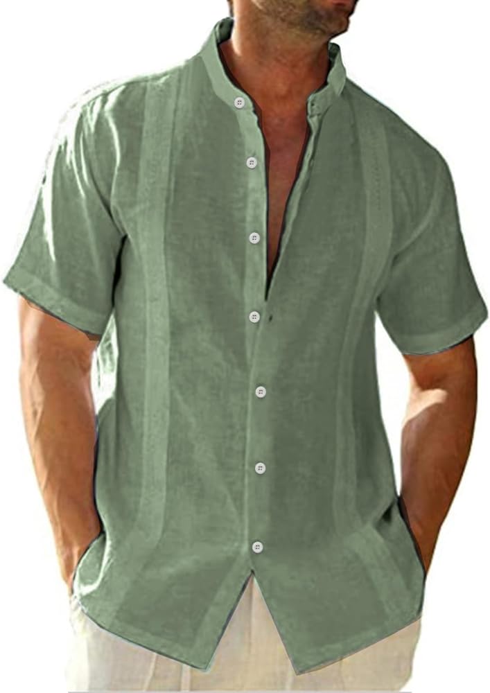 Short Sleeve Button Down Linen Shirts for Men Casual Cotton Summer Beach Shirt Tops