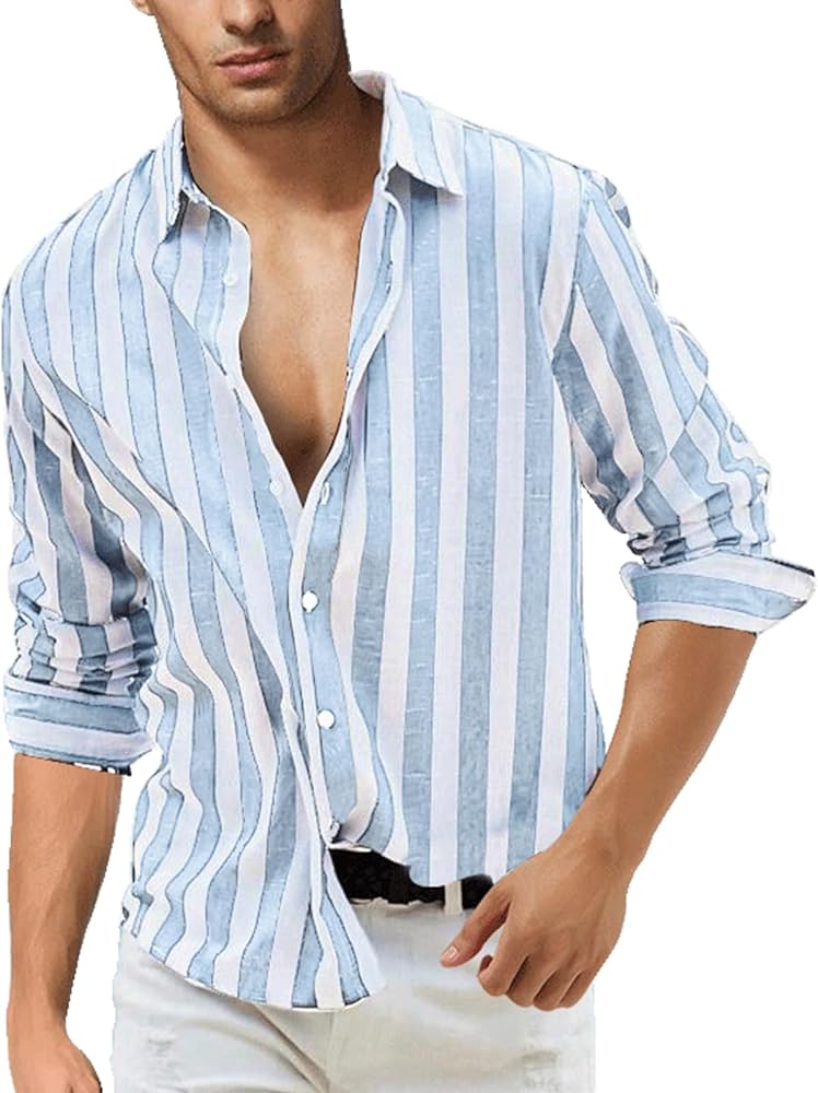 Men's Cotton Shirts Casual Long Sleeve Button-Down Striped Dress Shirt with Pocket