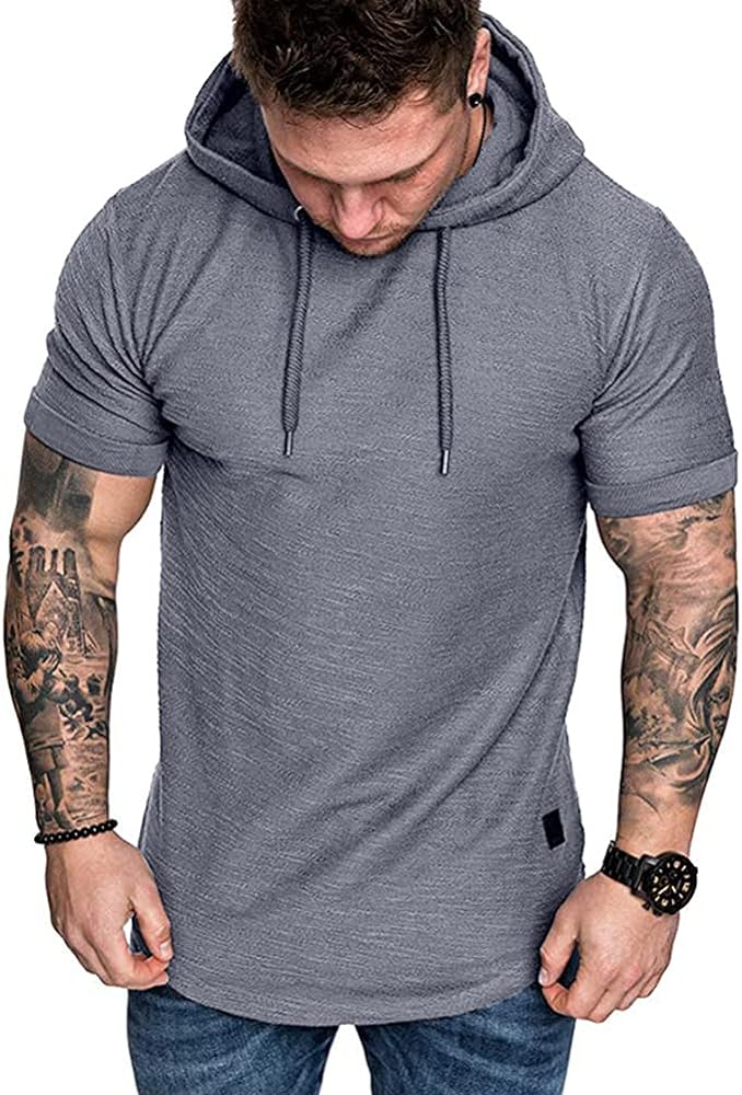 Men's Gym Hoodies Workout Sweatshirts Short Sleeve Athletic Muscle T-Shirts Pullover