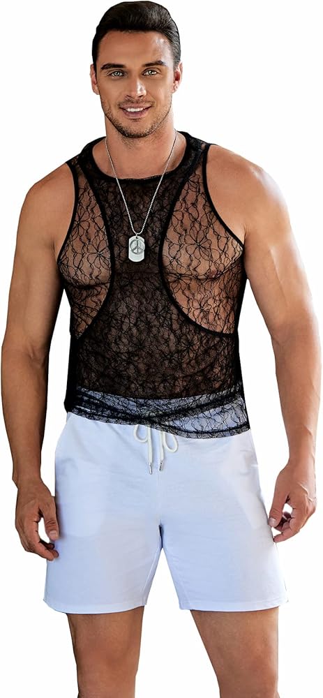 WDIRARA Men's Floral Embroidery Cut Out Contrast Mesh Tank Top Sleeveless Tops Party Shirt