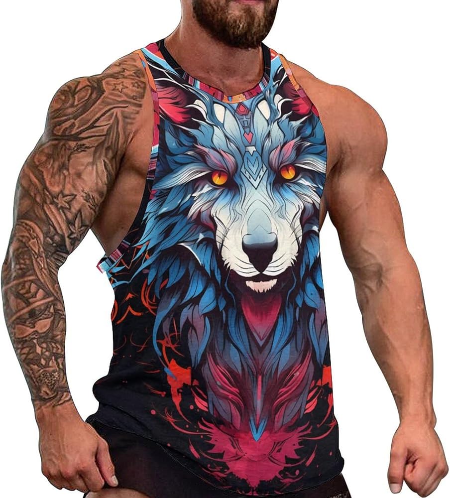 Camo Tank Top for Men 2024 Trendy Wolf Print Sleeveless Crewneck Vintage Summer Religion Totem Graphic Gym Vest