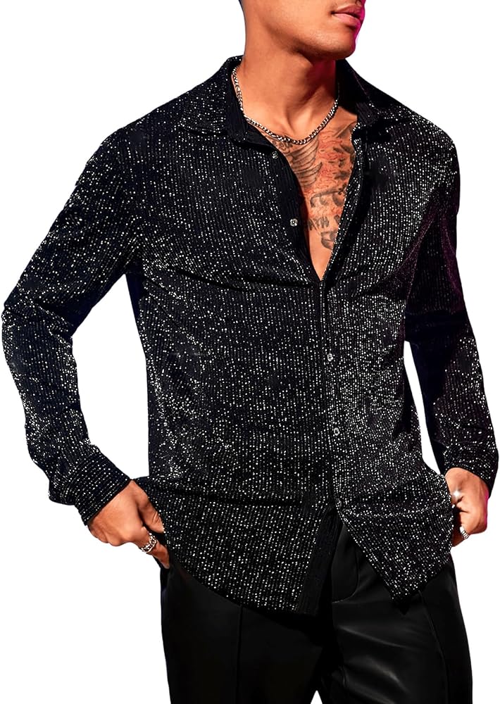 Verdusa Men's Glitter Shirts Long Sleeve Collar Button Down Party Shirt Top