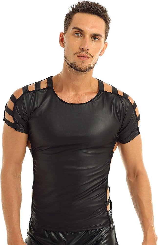 iEFiEL Mens Lingerie Patent Leather Side Lace-up Short Sleeve Top T-shirt