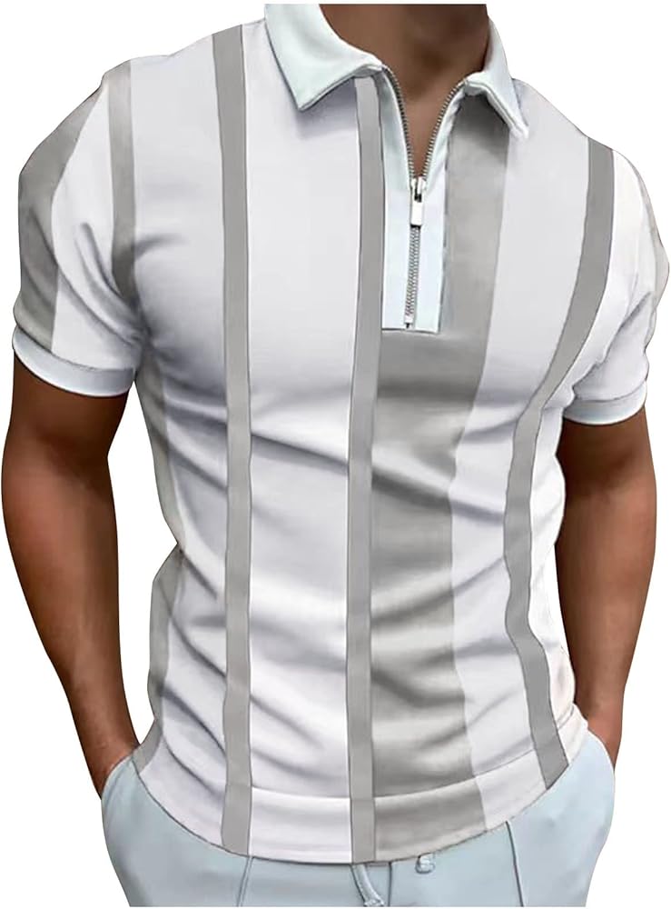 Men's Short Sleeve Polo Shirts Casual Fashion 1/4 Zipper Lapel Striped Printed Shirt Golf Summer Beach Tops for Men