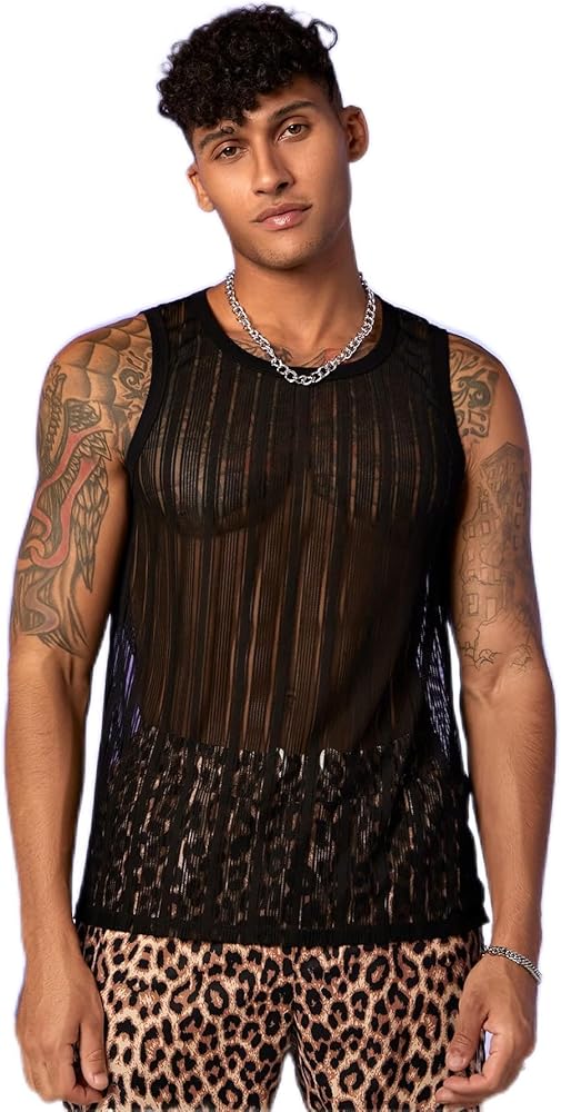 Men's T-Shirts Men Striped Print Mesh Tank Top T-Shirts for Men