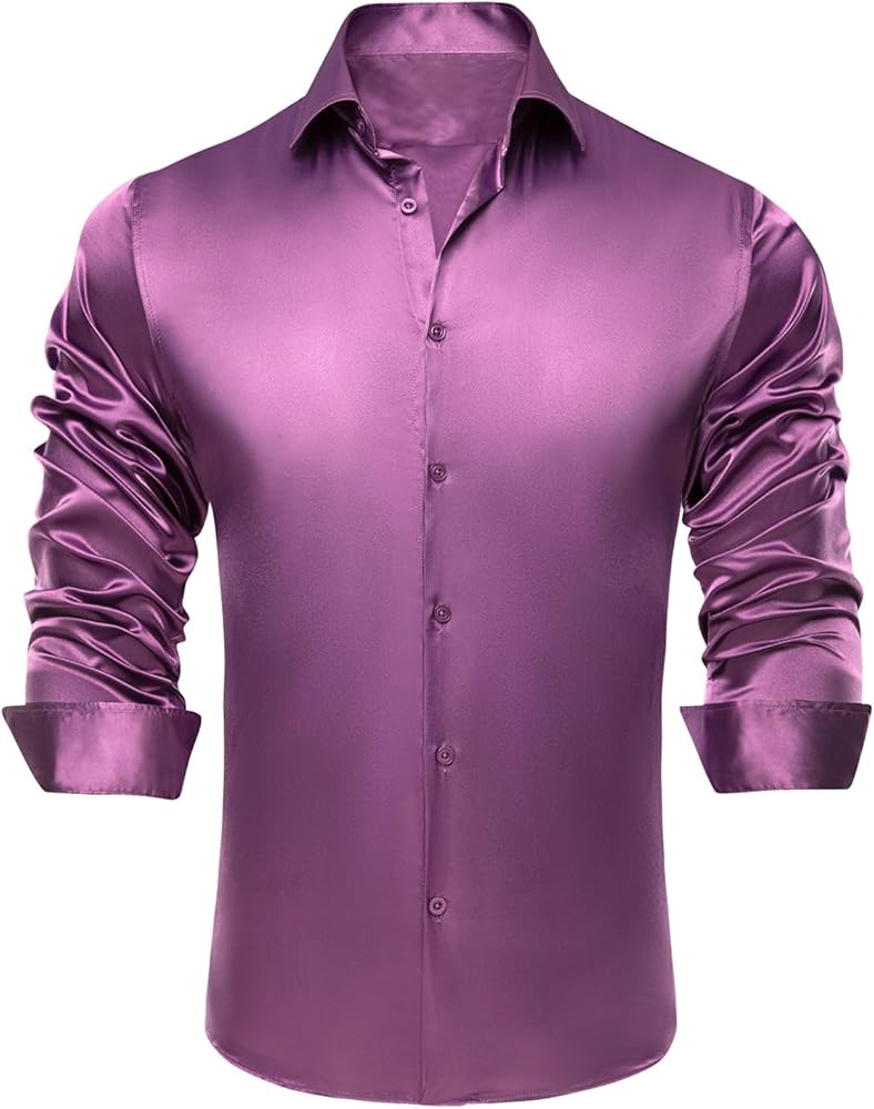 Hi-Tie Mens Stretch Satin Rose Gold Dress Shirts Long Sleeve Button Down Regular Fit Shirt Party Wedding Formal