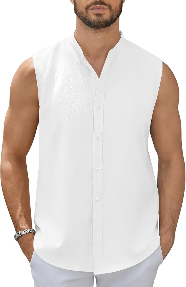 Men's Summer Beach Tank Tops Sleeveless Button Up Shirt Casual Textured Henley Tank Shirts