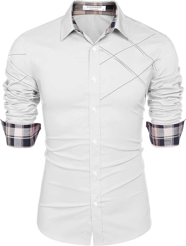 COOFANDY Men's Cotton Dress Shirts Long Sleeve Plaid Collar Shirt Slim Fit Casual Button Down Shirt