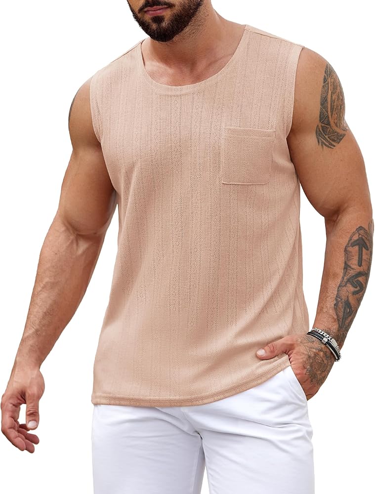 COOFANDY Men's Knit Tank Tops Casual Sleeveless T Shirts Beach Tank Shirts with Pocket